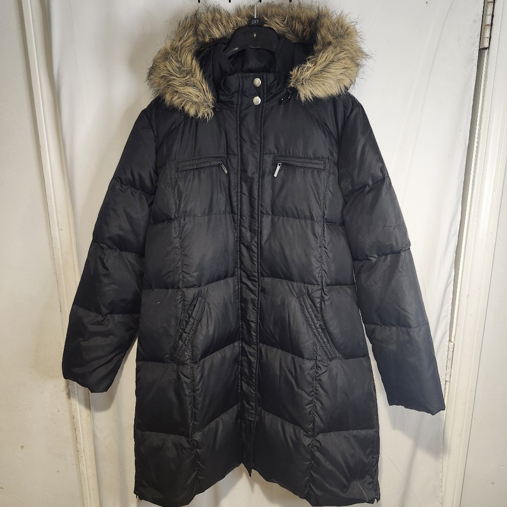 Michael Kors Women’s XL Black Quilted Down Long Coat Jacket with Faux Fur Hood